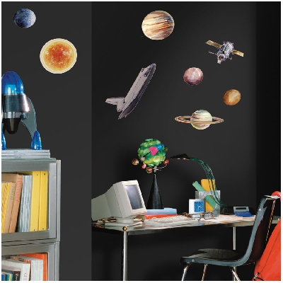 Samolepící dekorativní samolepky Vesmír Dětské vesmírné nálepky na zeď.Dětská dekorace stěn ( 28x15,5cm-3x3cm) Samolepící obrázky vesmíru.Nálepky RoomMates