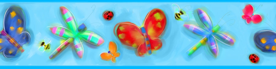 Samolepící bordury Motýlci a vážky Bordury dětské samolepící Motýli (12,8cm x 457cm).Listely pro děti,samolepící dekorace,obrázky,nálepky na zeď RoomMates