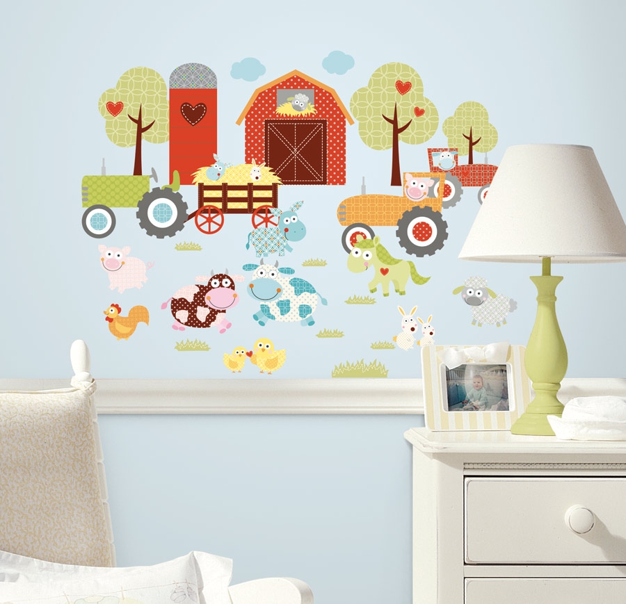 Samolepky Farma kreslená Samolepky na zeď. Samolepící dekorace zvířátka. Dětské obrázky zvířátek z farmy.(42ks: 4,4cmx1,8cm - 22,mx21,8cm) Dekorativní nálepky pro děti RoomMat